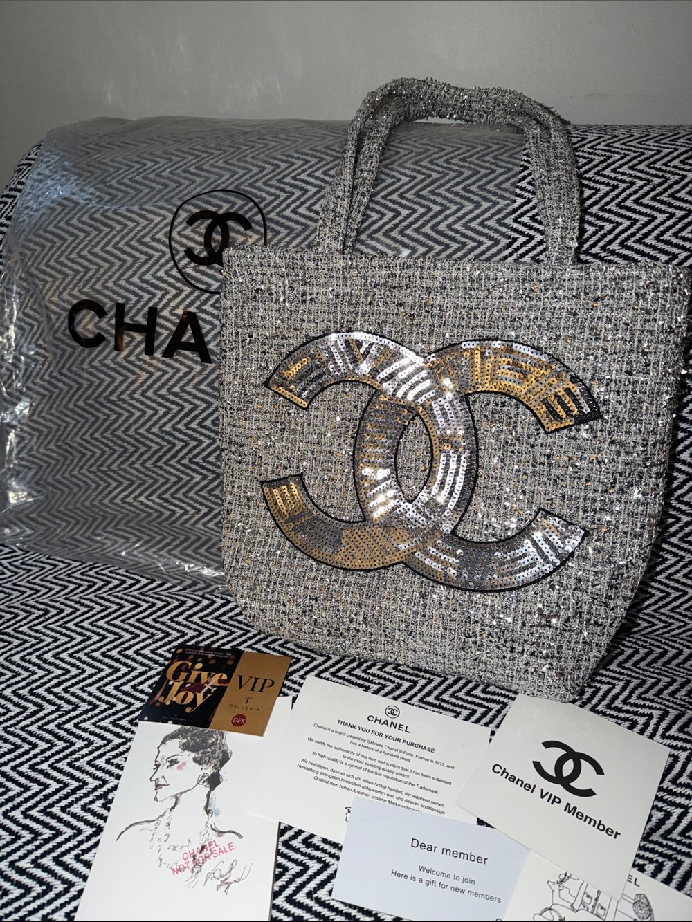 CHANEL Gray Tweed Tote with Sequined CC Logo VIP gift purchase